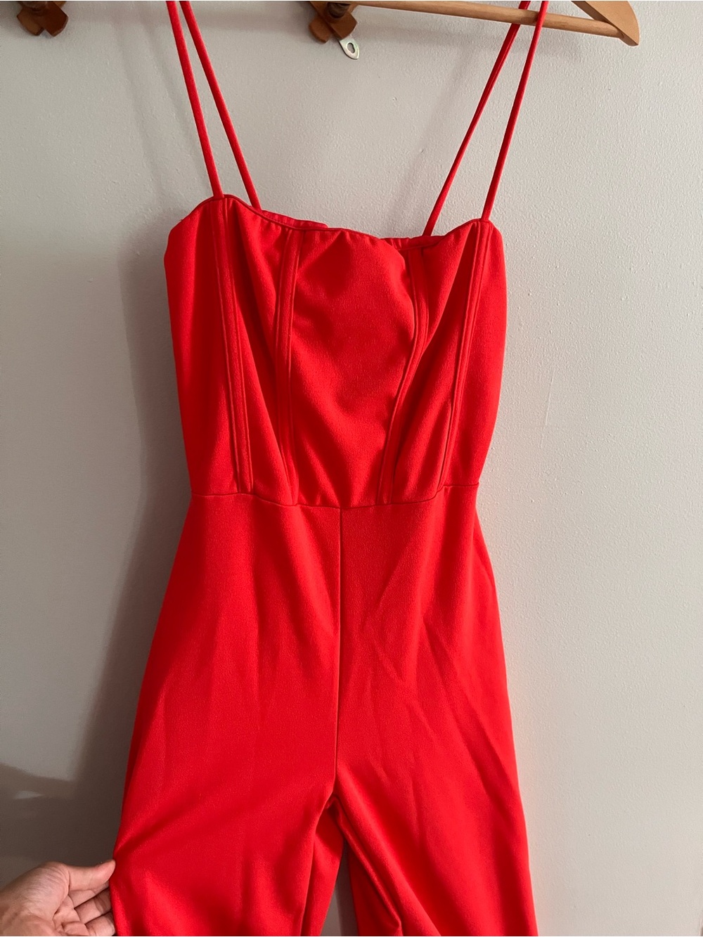 Red Spaghetti-Strap Jumpsuit with Structured Bodice